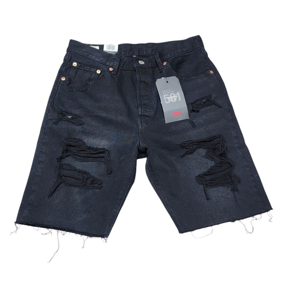 Levi's 501 Shorts Womens 29 Black Distressed High Rise Denim Cut Off Mid-Thigh - Picture 8 of 8